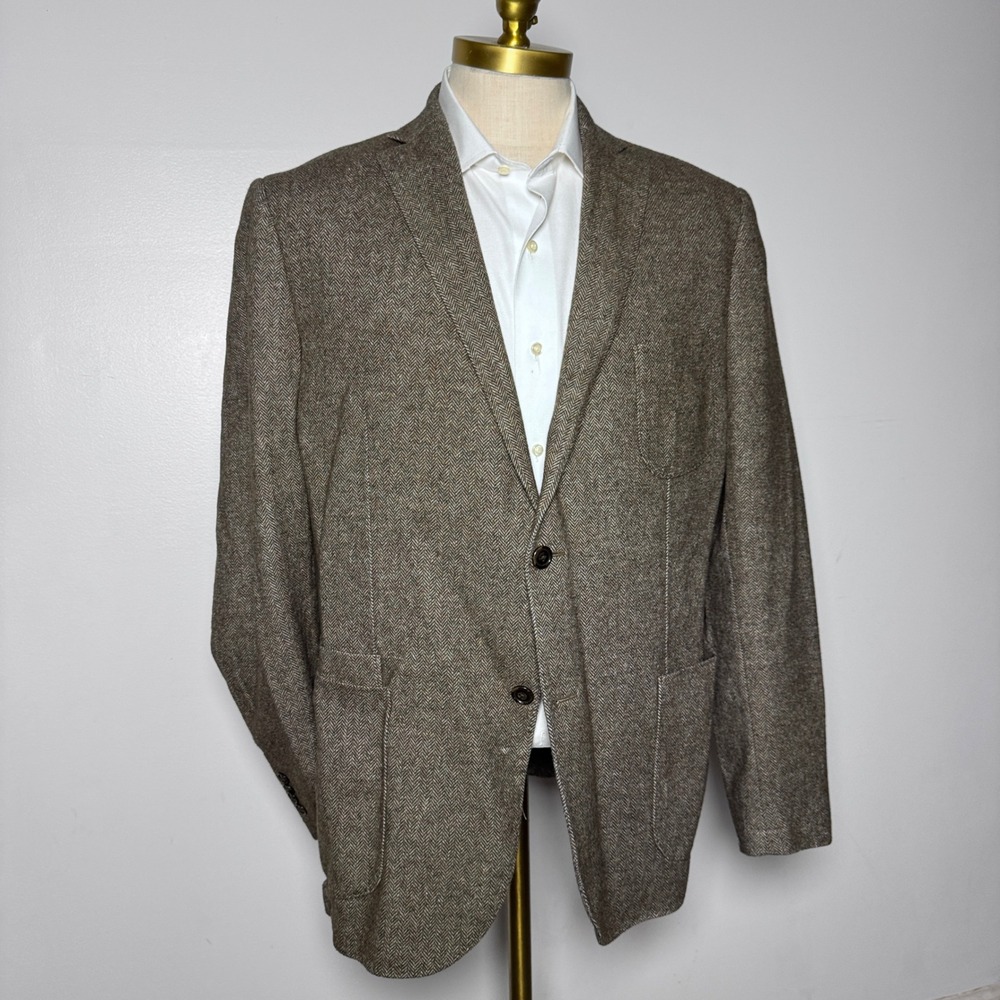 JKT New York Blazer Mens 46L Brown Herringbone Wool Blend Notch Lapel Bond